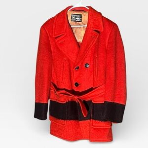 HUDSON BAY POINT BLANKET RED & BLACK STRIPE  WOOL COAT GOOD COND (see msrmnts) L